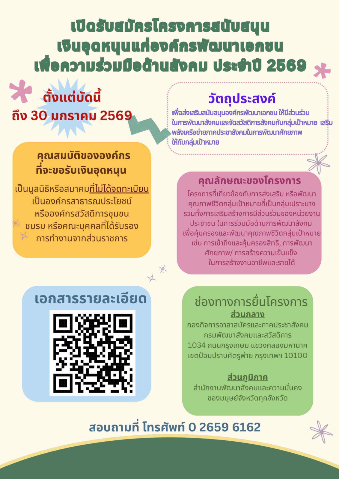 สำนักงานพัฒนาสังคมและความมั่นคงของมนุษย์จังหวัดตาก ขอเชิญชวนองค์กรพัฒนาเอกชน (NGO) ร่วมขอรับการสนับสนุนงบประมาณประจำปี พ.ศ. 2569 สำนักงานพัฒนาสังคมและความมั่นคงของมนุษย์จังหวัดตาก ขอประชาสัมพันธ์เชิญชวน องค์กรพัฒนาเอกชน (NGO) ในพื้นที่จังหวัดตาก เสนอโครงการที่ส่งเสริมและสนับสนุนองค์กรพัฒนาเอกชน เพื่อขอรับการสนับสนุนงบประมาณจาก กรมพัฒนาสังคมและสวัสดิการ ประจำปีงบประมาณ พ.ศ. 2569 กรมพัฒนาสังคมและสวัสดิการมีภารกิจในการส่งเสริม สนับสนุน และสร้างความเข้มแข็งให้แก่เครือข่ายภาคเอกชน ภาคธุรกิจ และภาคประชาสังคม เพื่อให้มีส่วนร่วมในการพัฒนาสังคมและจัดสวัสดิการสังคมอย่างยั่งยืน การสนับสนุนงบประมาณดังกล่าวเป็นไปตาม ระเบียบกรมพัฒนาสังคมและสวัสดิการ ว่าด้วยหลักเกณฑ์การให้เงินอุดหนุนแก่องค์กรพัฒนาเอกชนเพื่อความร่วมมือด้านสังคม พ.ศ. 2566 ซึ่งกำหนดหลักเกณฑ์ เงื่อนไข และแนวทางในการจัดสรรงบประมาณ เพื่อส่งเสริมการดำเนินงานขององค์กรพัฒนาเอกชนในการพัฒนากลุ่มเป้าหมายในด้านต่าง ๆ ผู้สนใจสามารถศึกษารายละเอียดเพิ่มเติมได้ที่ 📄 คลิก https://dsdw.go.th/Data/Buzznews/Files/cacwkrbv.pdf https://csv.dsdw.go.th/AttachFiles/Publish/884e50f5-3294-4acd-b3c2-d51aa39c8c44.pdf